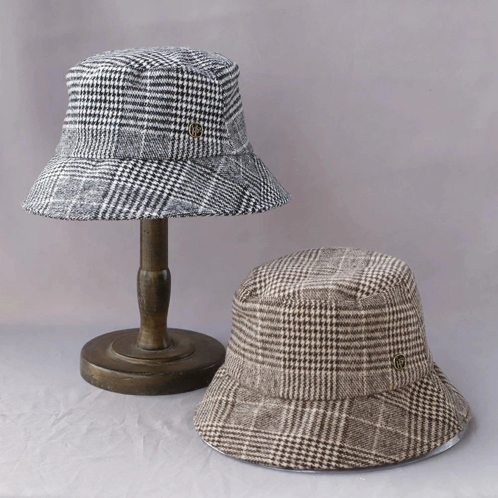 British Checkerboard Wool Wide Brim Bucket Hat