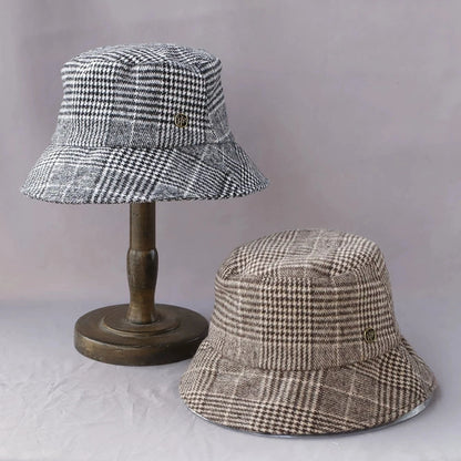British Checkerboard Wool Wide Brim Bucket Hat