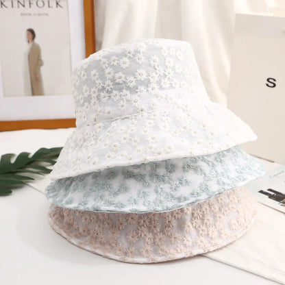 Panama Lace Transparent Flower Korean Beach Bucket Hat