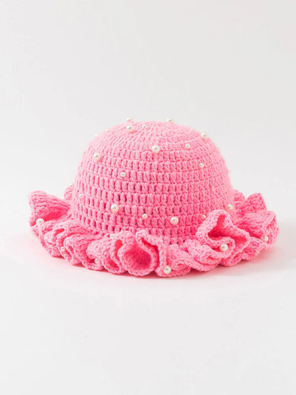 Women’s Pearl Ruffled Crochet Knit Bucket Hat
