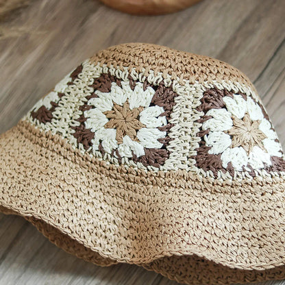 Women Crochet Straw Beach Fisherman Bucket Hat
