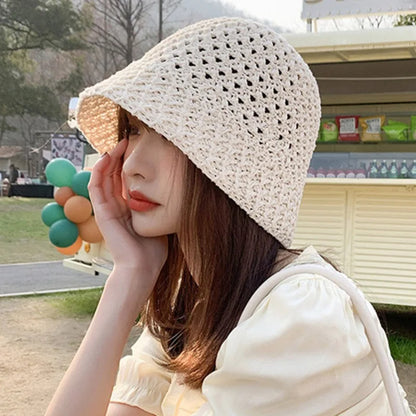 Spring Summer Hollow Knitted Beach Bucket Hat