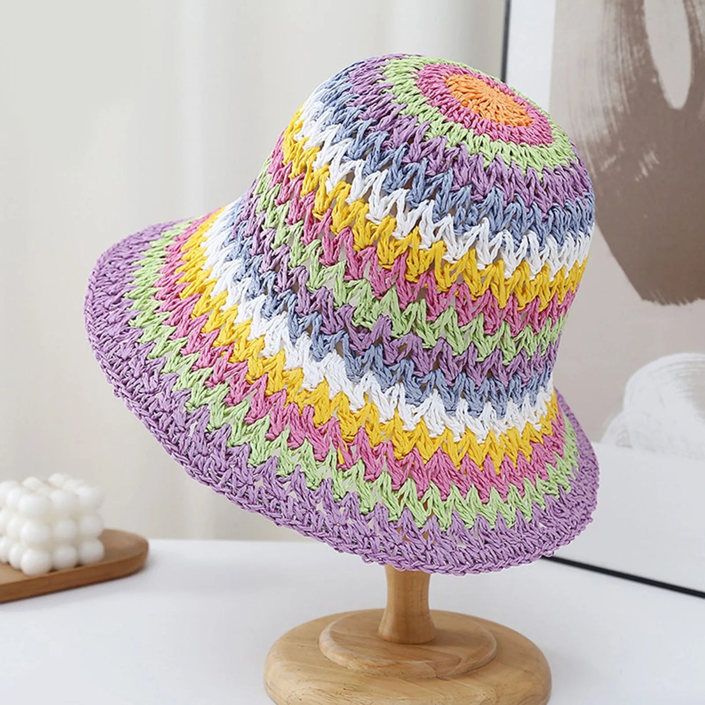 Womens Rainbow Braided Straw Wide Brim Bucket Hat