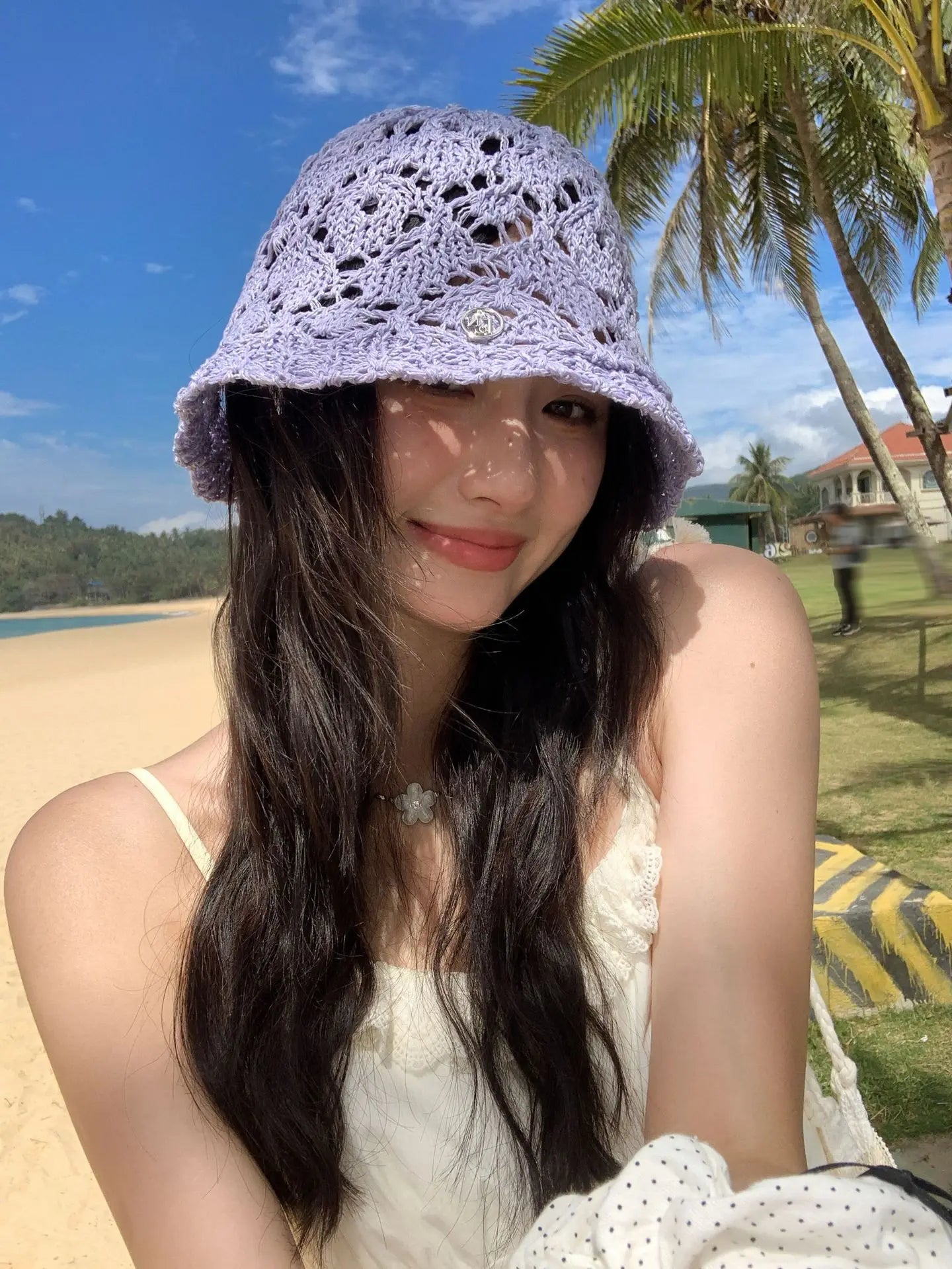 Cute Beige Hollow Knit Crochet Bucket Hat