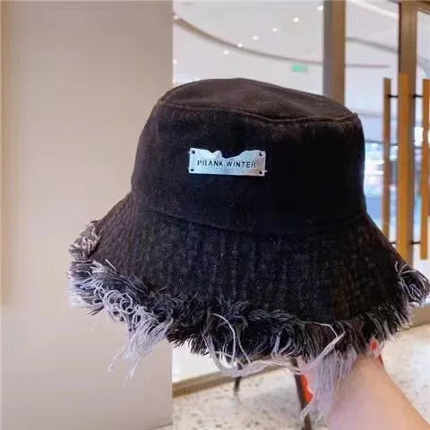Washed Denim Tassel Wide Brim Bucket Hat