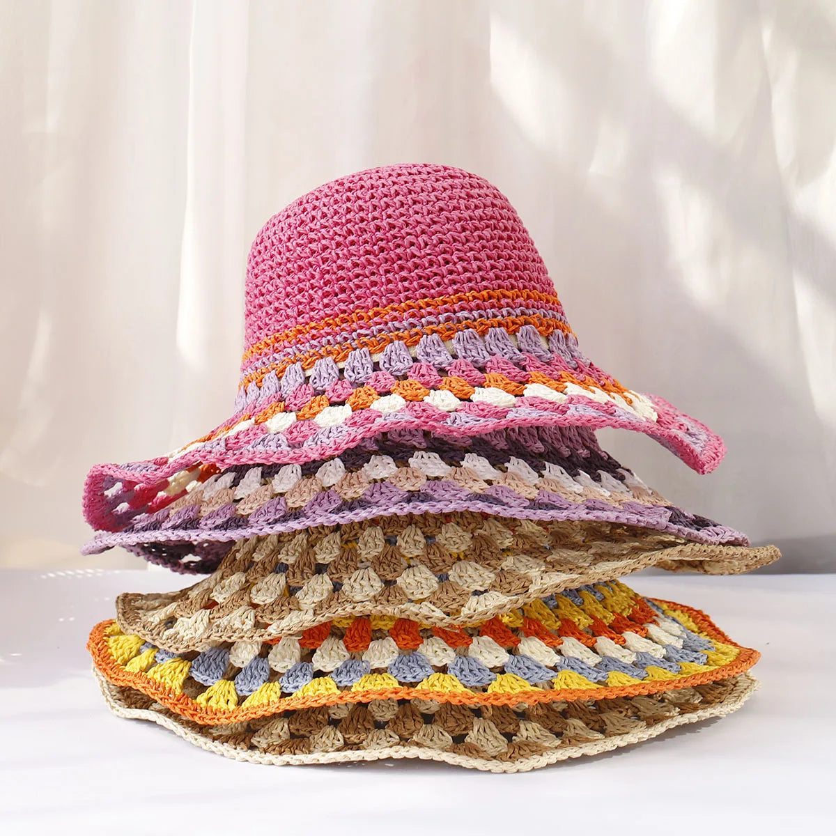 Womens Rainbow Contrast Straw Summer Bucket Hat