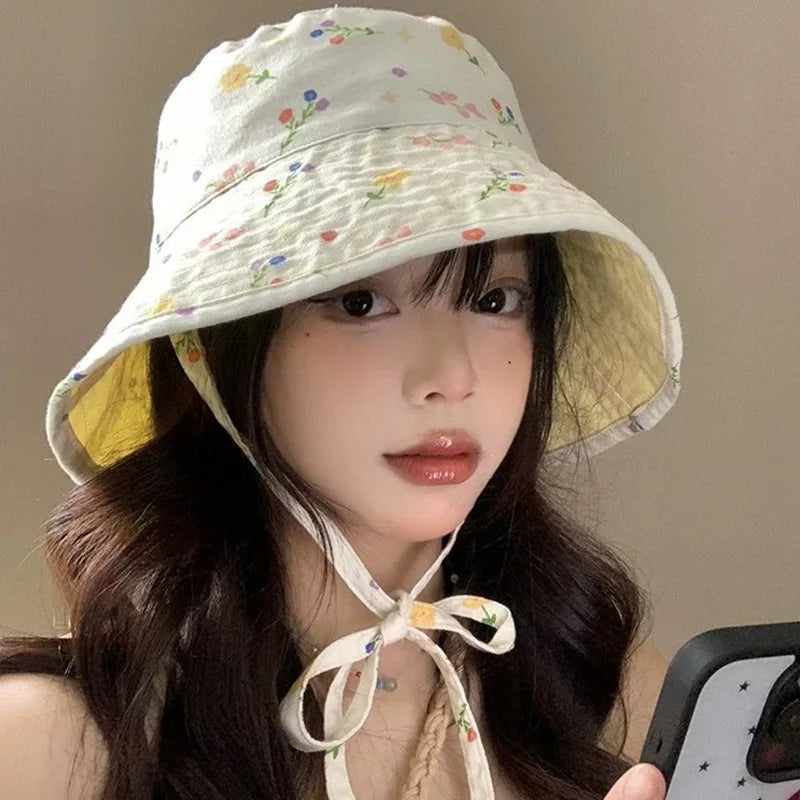 Floral Print Double Sided Lacing Bucket Hat
