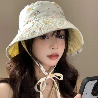 Floral Print Double Sided Lacing Bucket Hat
