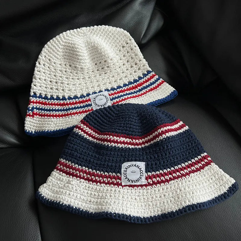 Korean Contrasting Striped Knitted Breathable Bucket Hat