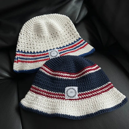 Korean Contrasting Striped Knitted Breathable Bucket Hat