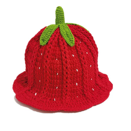 Cartoon Strawberry Crochet Ruffled Bucket Hat