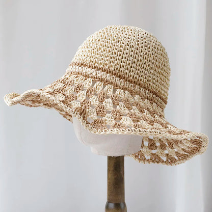 Green Korean Handmade Straw Summer Beach Bucket Hat
