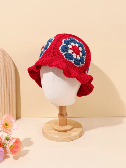 Vintage Red Crochet Floral Winter Bucket Hat