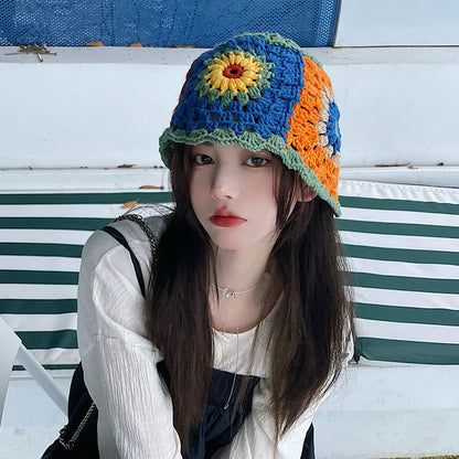 Korean Patchwork Handwoven Knitted Crochet Women Bucket Hat
