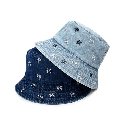Autumn Butterfly Star Embroidery Washed Denim Bucket Hat