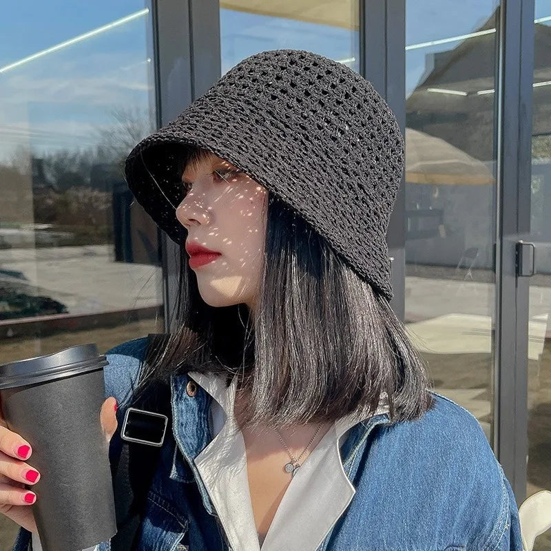 Spring Summer Hollow Knitted Beach Bucket Hat
