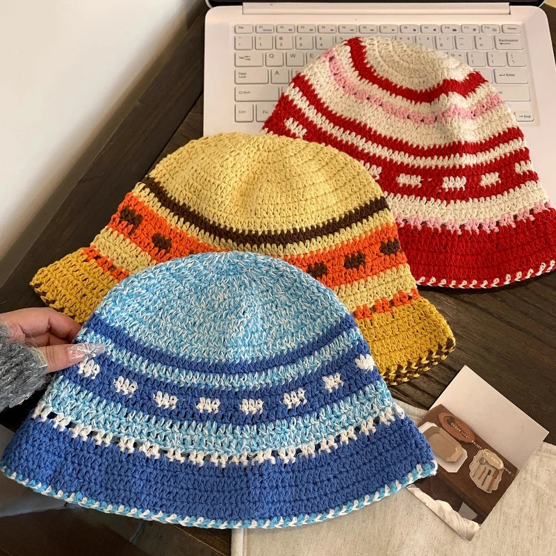 Ins Retro Contrasting Striped Versatile Bucket Hat