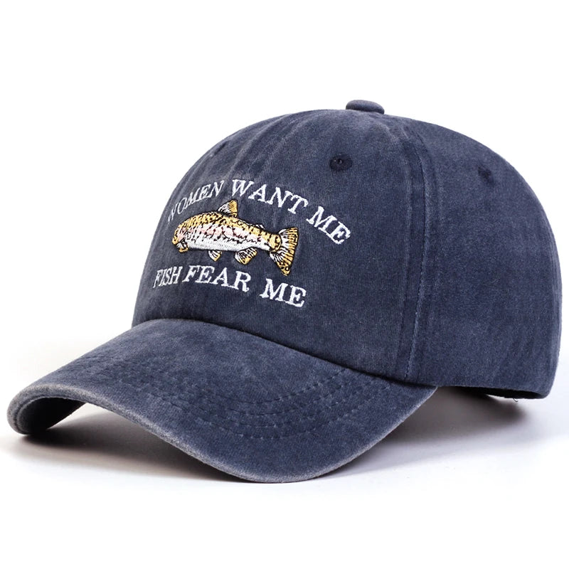 Unisex Fish Embroidery Wash Baseball Caps