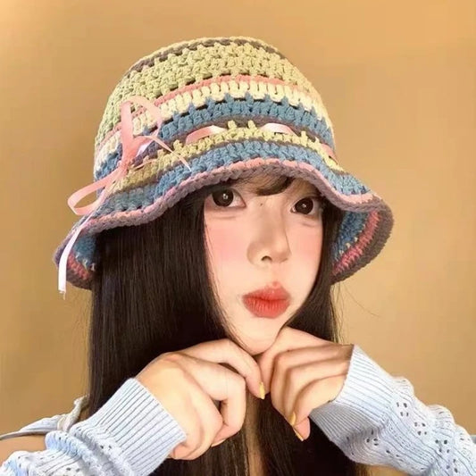 Bow Colored Knitted Hollow Travel Woolen Bucket Hat