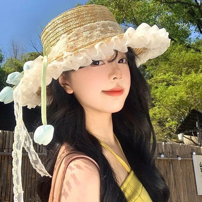 Womens Sun Protection Tulip Bow Grass Bucket Hat