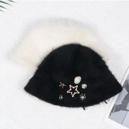 Rhinestone Sequined Rabbit Fur Knit Bucket Hat