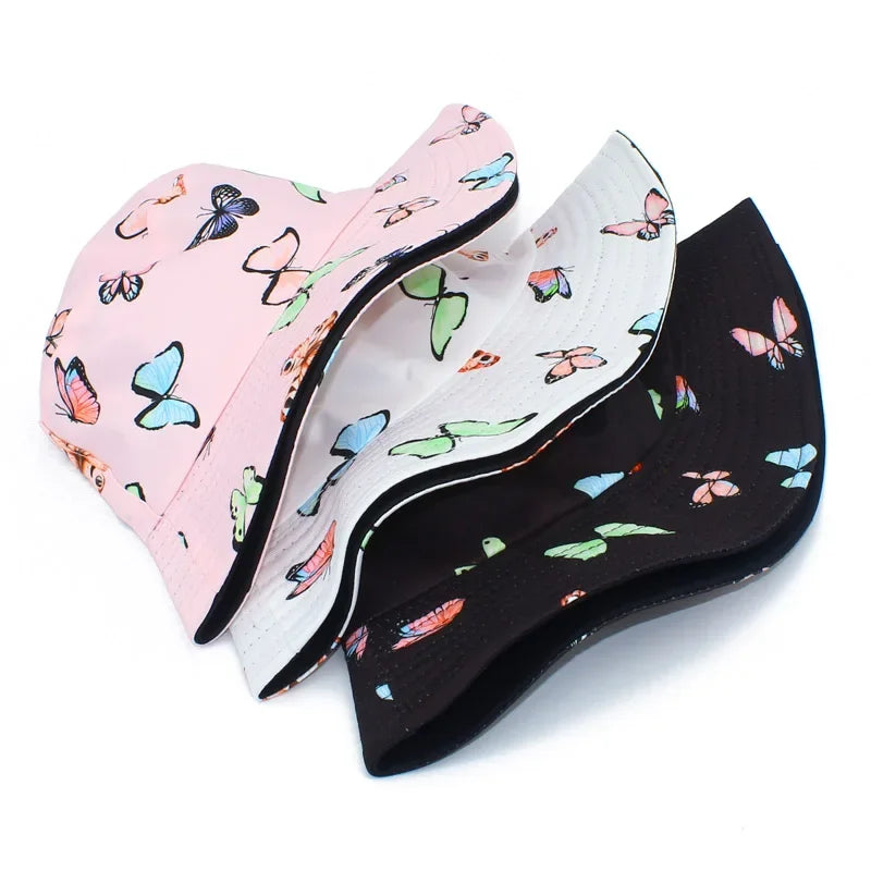 Wide Brim Butterfly Print Outdoor Panama Bucket Hat