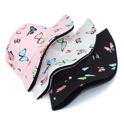 Wide Brim Butterfly Print Outdoor Panama Bucket Hat