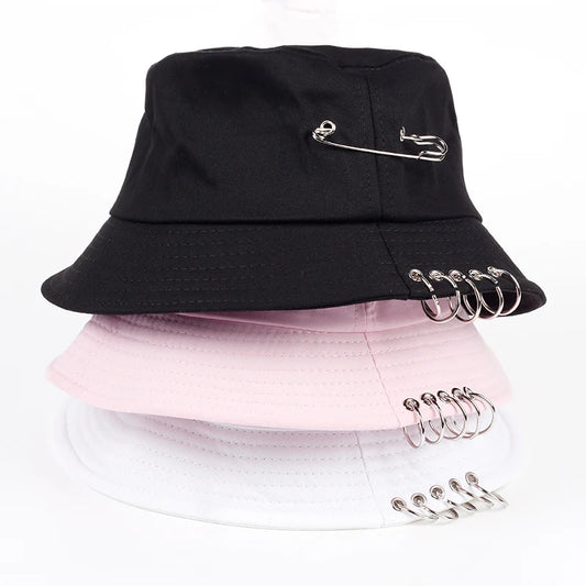 Solid Color Iron Pin Rings Personality Bucket Hat