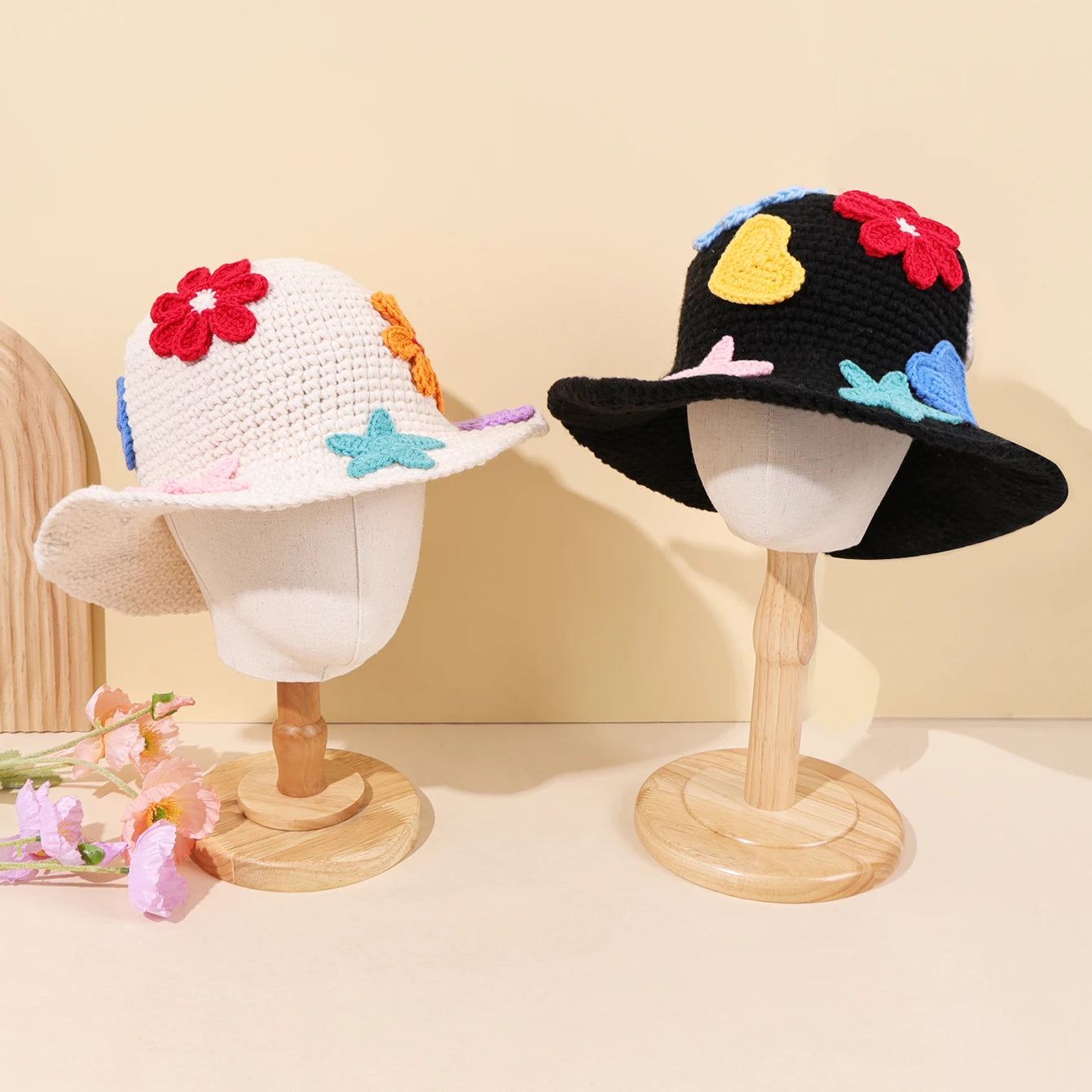 Flower Knitted Fisherman Hat Women Autumn Winter