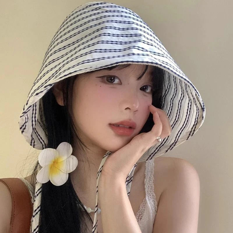 Large Brim Foldable Korean Striped Bucket Hat