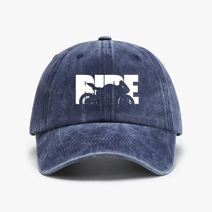 Vintage Motorcycle Print Washed Distressed Denim Baseball Cap