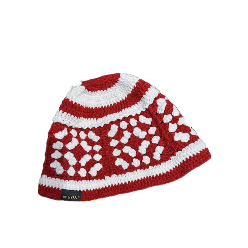 Korean Color Blocking Hand Crocheted Warm Bucket Hat