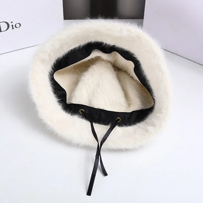 Korean Iron Letter Rabbit Fur Bucket Hat