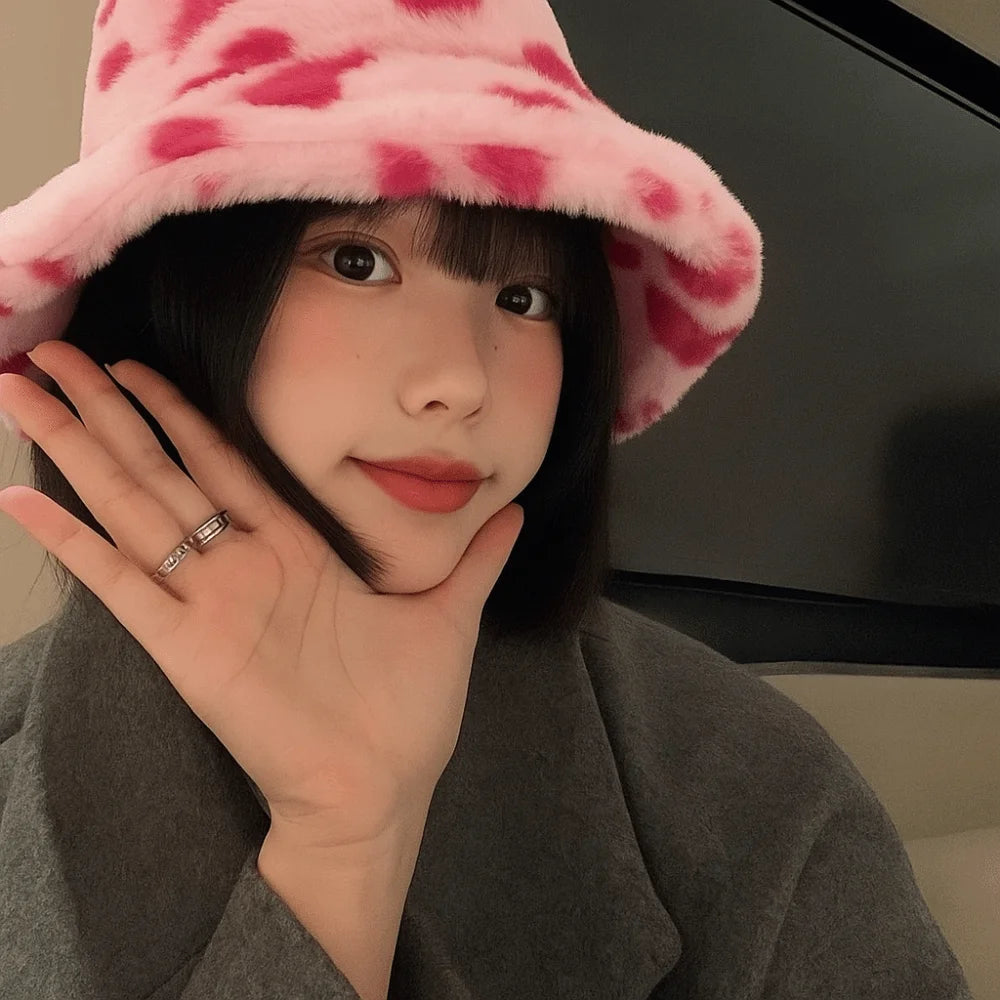 Faux Fur Plush Love Heart Bucket Hat