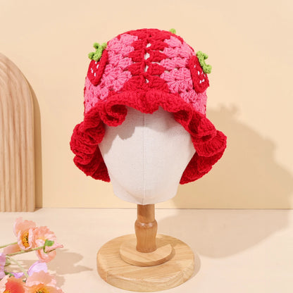 Cute Red Strawberry Sweet Handmade Knitted Fisherman Hat