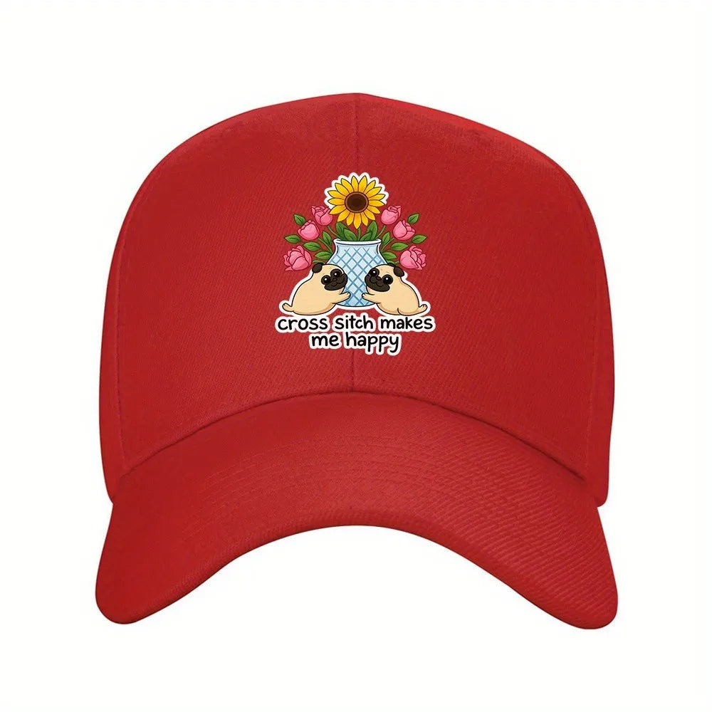 Cross Stitch Makes Me Happy Pug Sunflower Floral Baseball Cap
