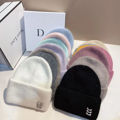 Trendy Ring Buckle Detail Rabbit Hair Knitted Hat