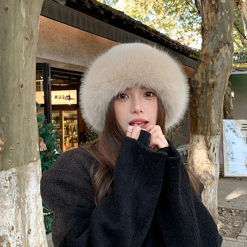 Designer Faux Fur Winter Bucket Hat Women Plush Fisherman Cap