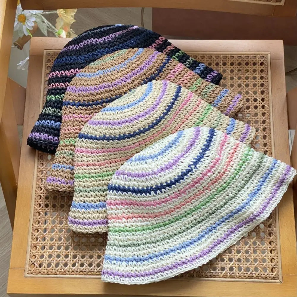 Korean Handmade Rainbow Striped Straw Bucket Hat