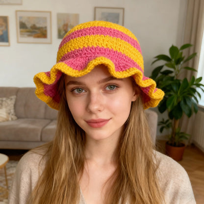 Womens Acrylic Knitted Wide Brim Bucket Hat
