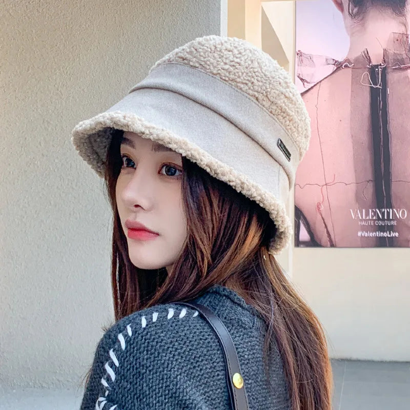 Autumn Winter Knitted Plush Warm Bucket Hat for Women