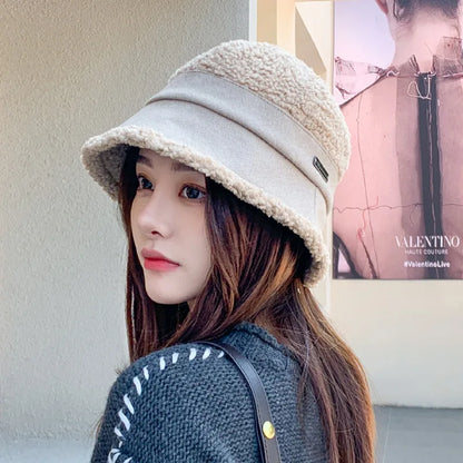 Autumn Winter Knitted Plush Warm Bucket Hat for Women