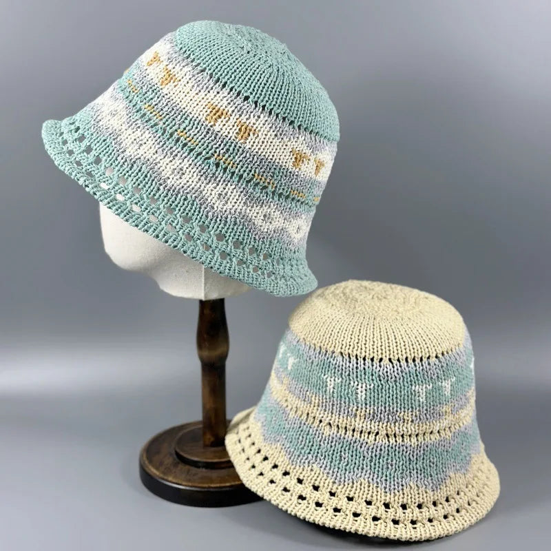 Summer Handmade Flower Straw Knit Breathable Bucket Hat