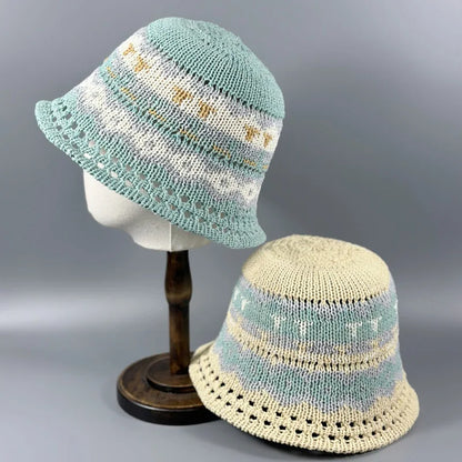Summer Handmade Flower Straw Knit Breathable Bucket Hat