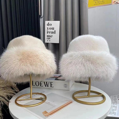 Designer Faux Fur Winter Bucket Hat Women Plush Fisherman Cap