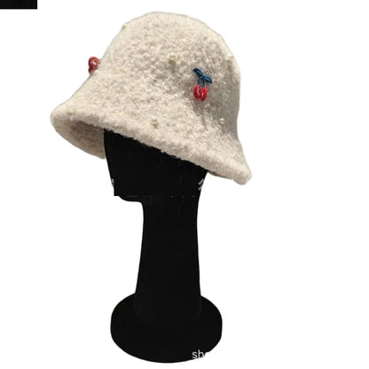 Pearl Cherry Lamb Wool Winter Bucket Hat