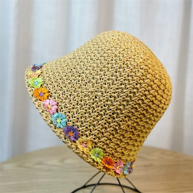 Womens Woven Rainbow Straw Foldable Bucket Hat