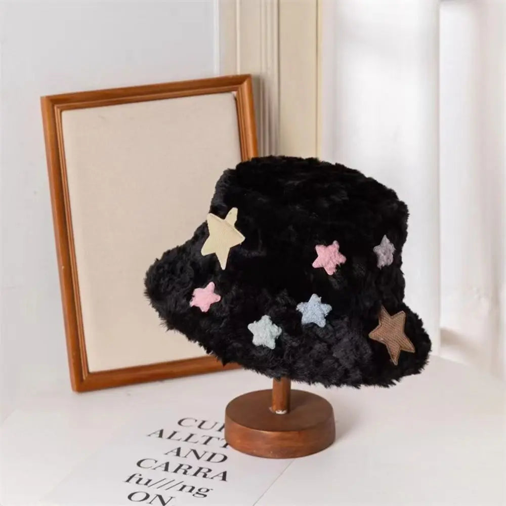 Star Plush Winter Fisherman Hat Women Foldable Warm Cap