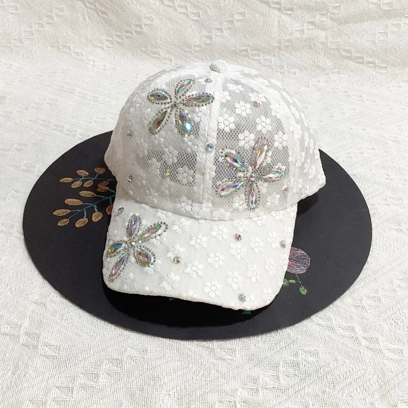 Lace Flower Rhinestone Baseball Cap