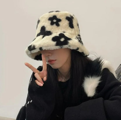 Floral Plush Furry Warm Winter Bucket Hat